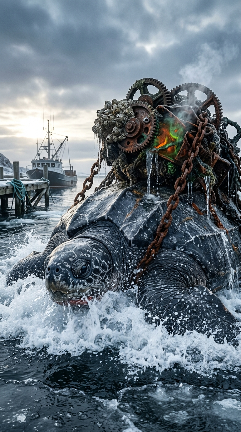 Tortuga gigante surge cerca del muelle — lo que lleva en su espalda deja a los pescadores congelados